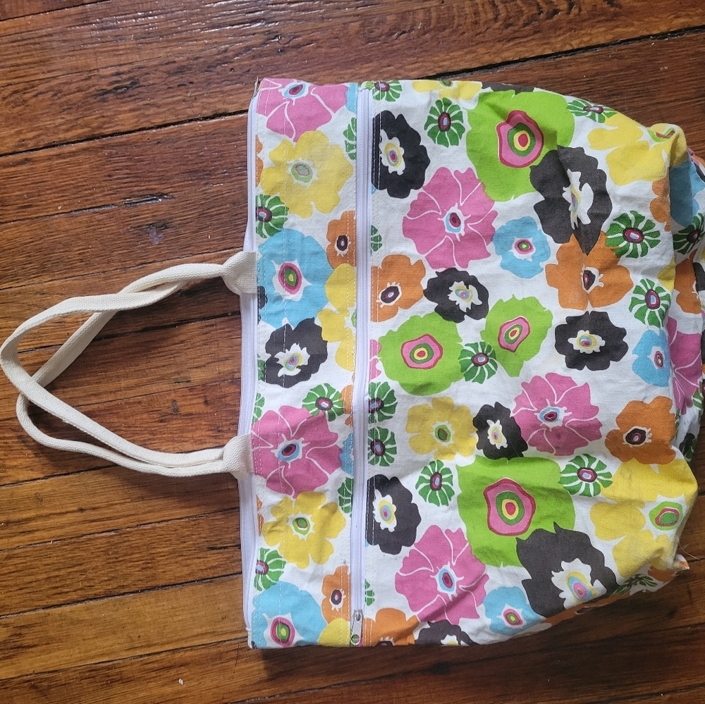 Vintage Floral Canvas Tote Bag with Zipper Top | Colorful Retro Flower Print - Picture 3 of 5